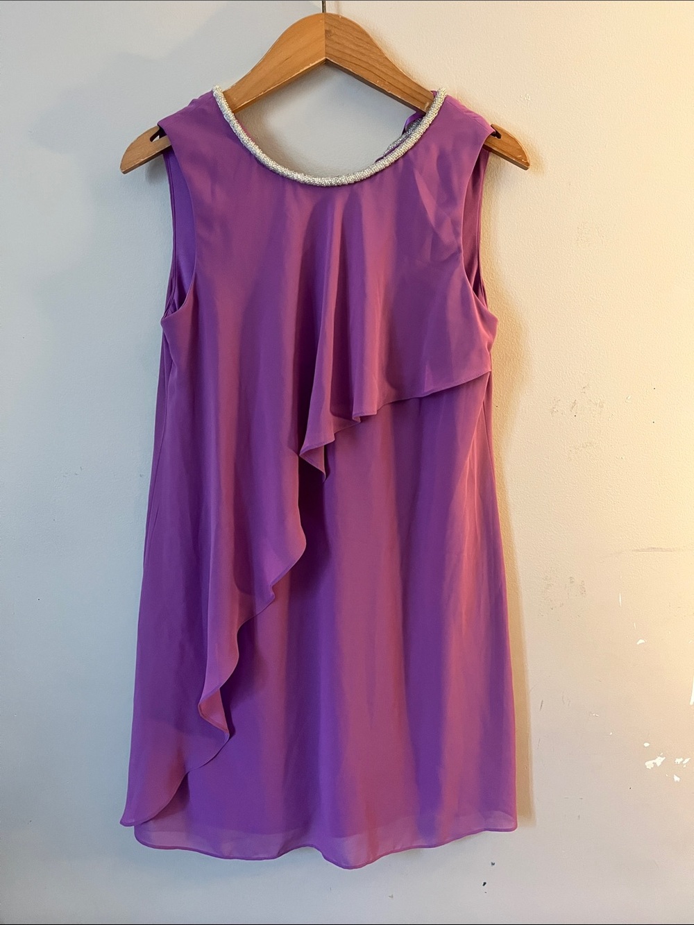 Laura petit Sleeveless Purple Ruffle Shift Dress with Beaded Neckline